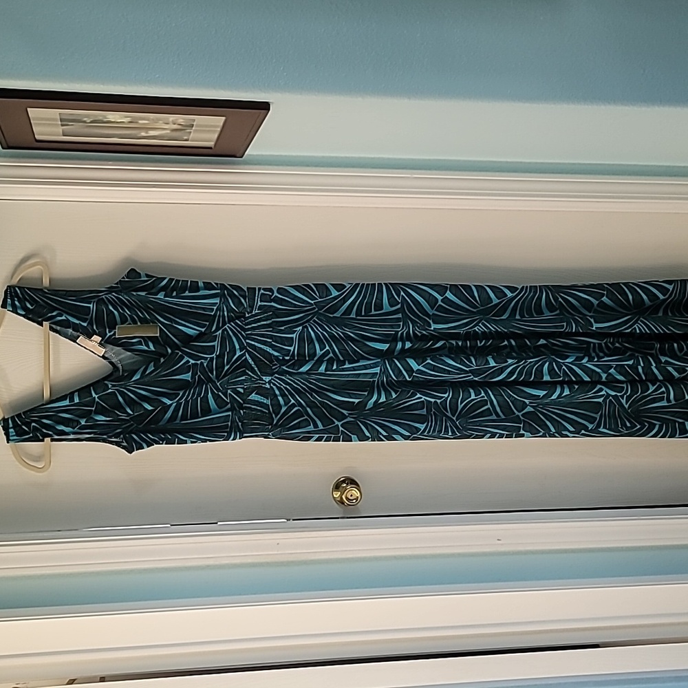 NWT MICHAEL Michael Kors Wide-Leg Jumpsuit Womens M Peacock Blue Leaf Print Dres - Picture 5 of 12